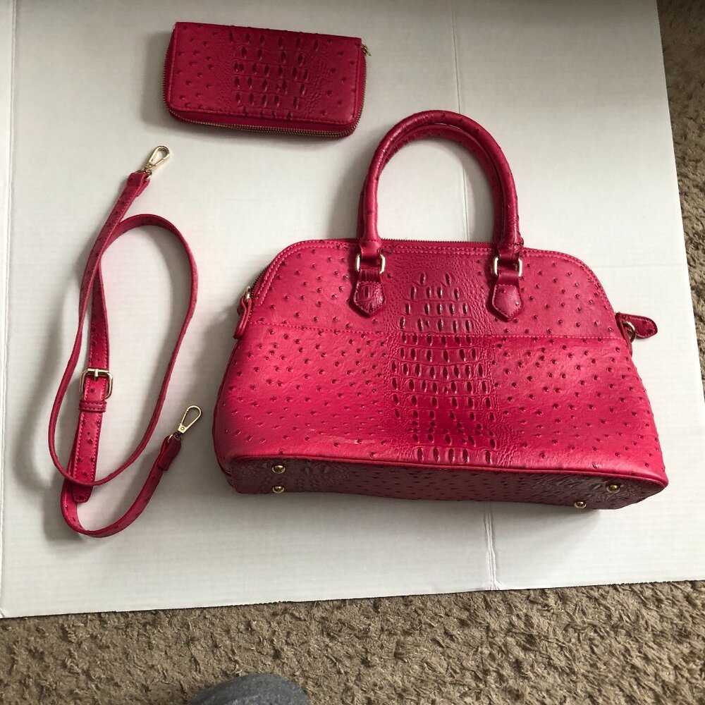 Unbranded red/pink faux leather satchel-style handbag, shoulder strap and purse